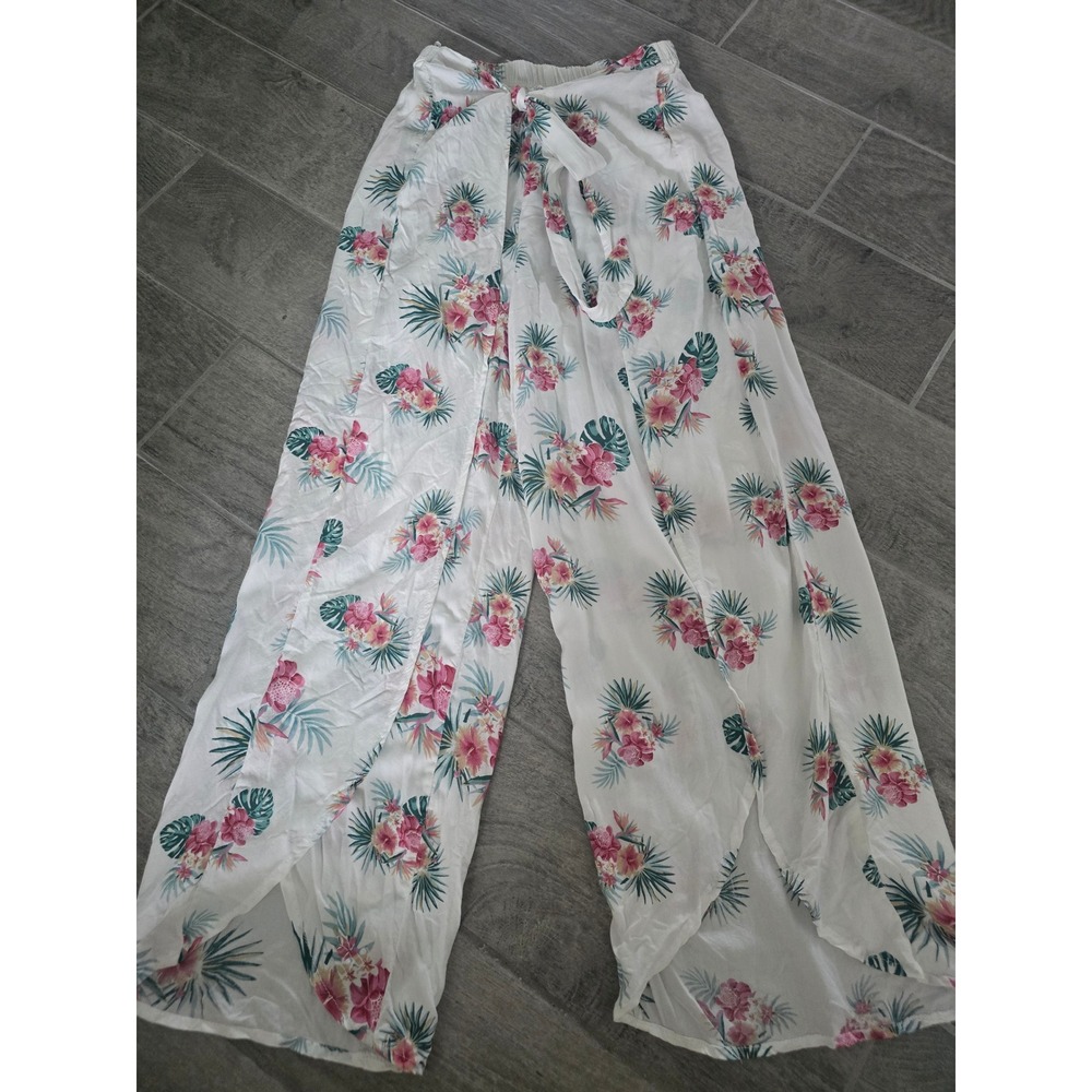Salty Lemon Women White Tropical Floral Wide Leg Split Flyaway Beach Pants Large